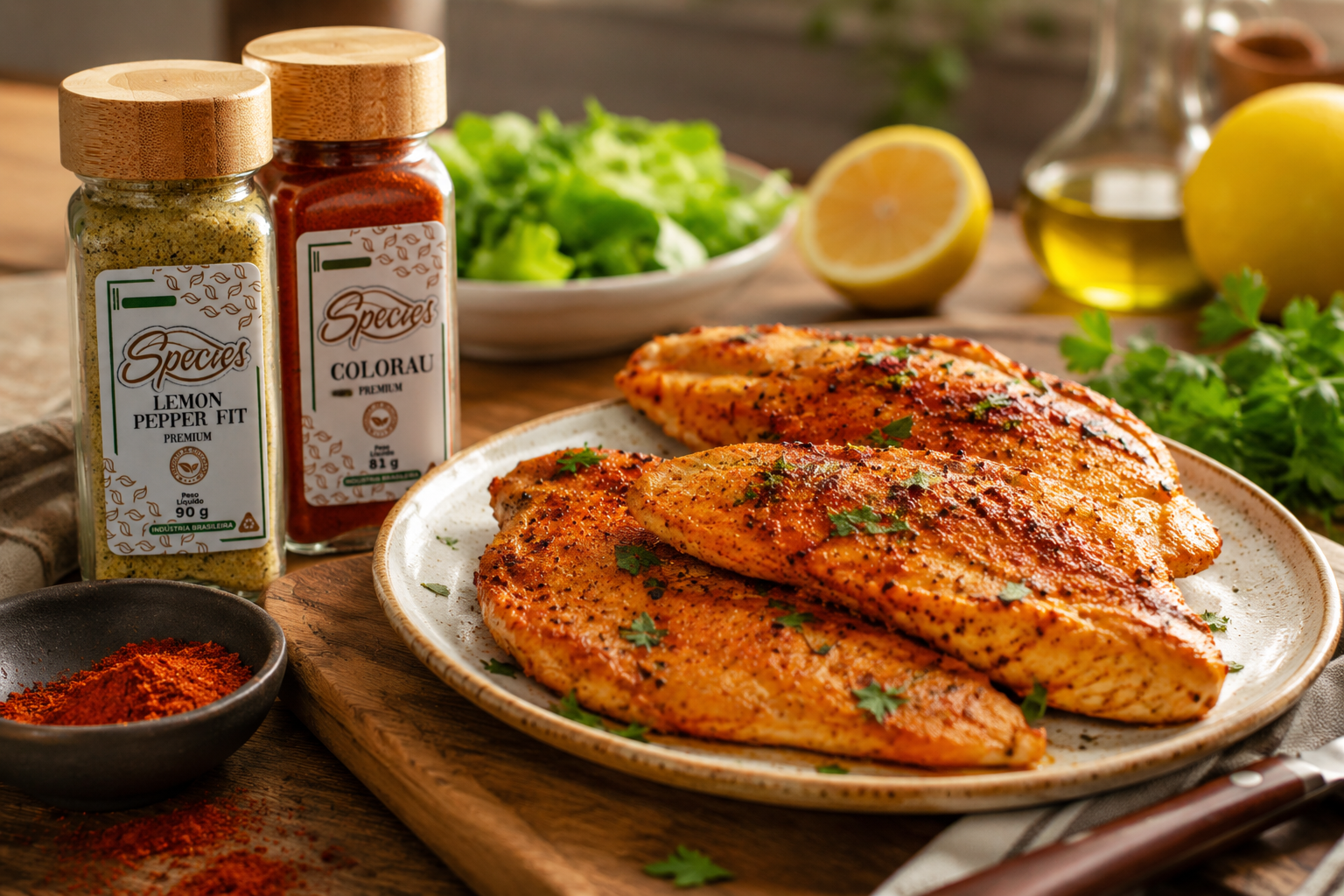 FRANGO GRELHADO COM LIMON PEPPER E COLORAL