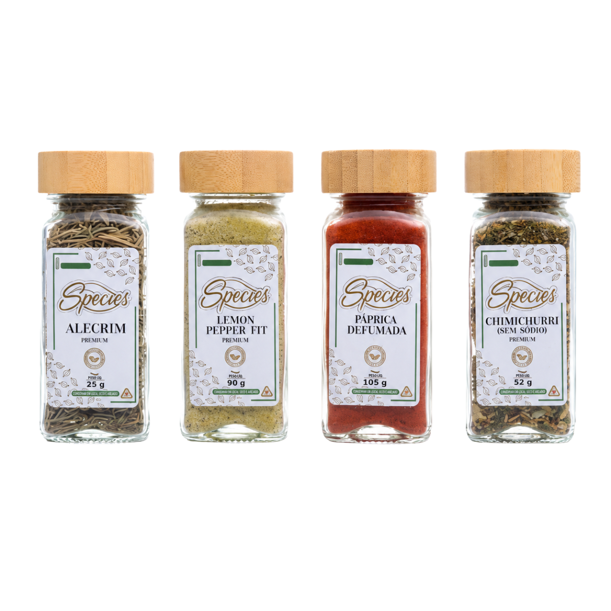 KIT ESSENCIAIS SPECIES PREMIUM – ALECRIM, LEMON PEPPER FIT, PÁPRICA DEFUMADA E CHIMICHURRI