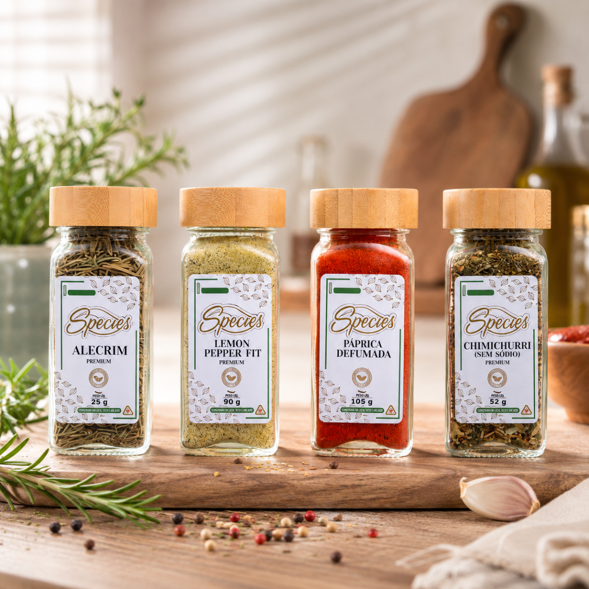 KIT ESSENCIAIS SPECIES PREMIUM – ALECRIM, LEMON PEPPER FIT, PÁPRICA DEFUMADA E CHIMICHURRI