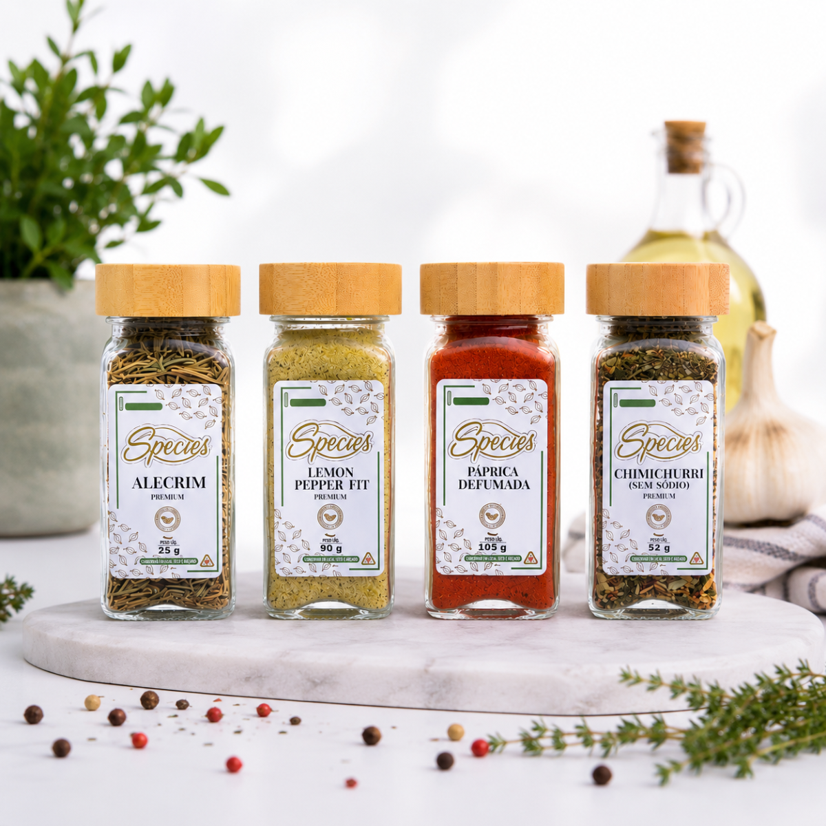 KIT ESSENCIAIS SPECIES PREMIUM – ALECRIM, LEMON PEPPER FIT, PÁPRICA DEFUMADA E CHIMICHURRI