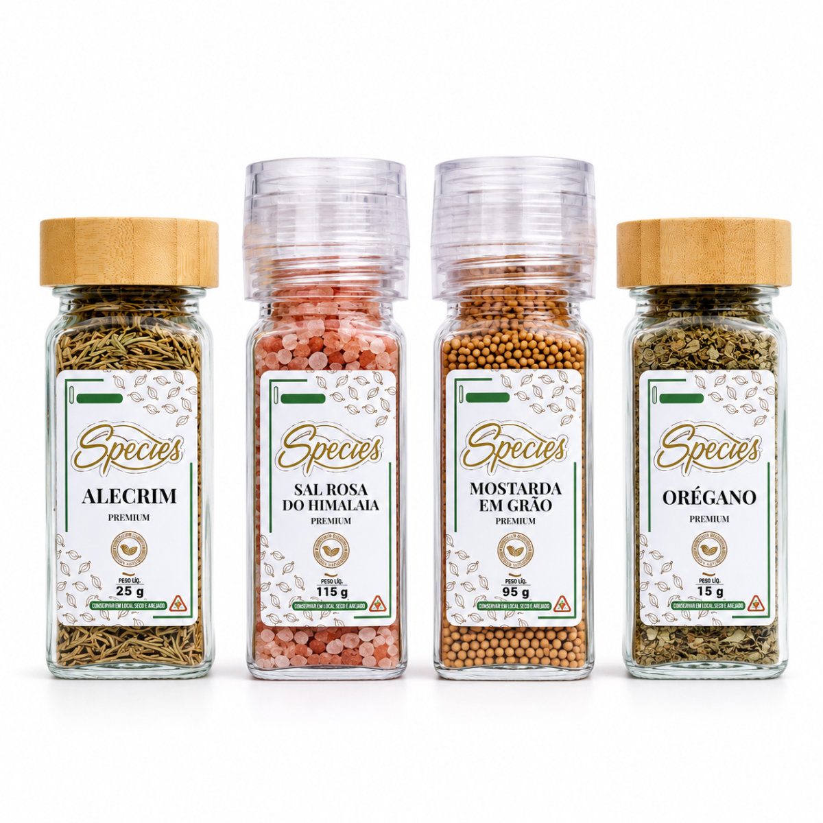 KIT ESPECIARIAS PREMIUM GOURMET SPECIES – ALECRIM, SAL ROSA DO HIMALAIA, MOSTARDA EM GRÃOS E ORÉGANO
