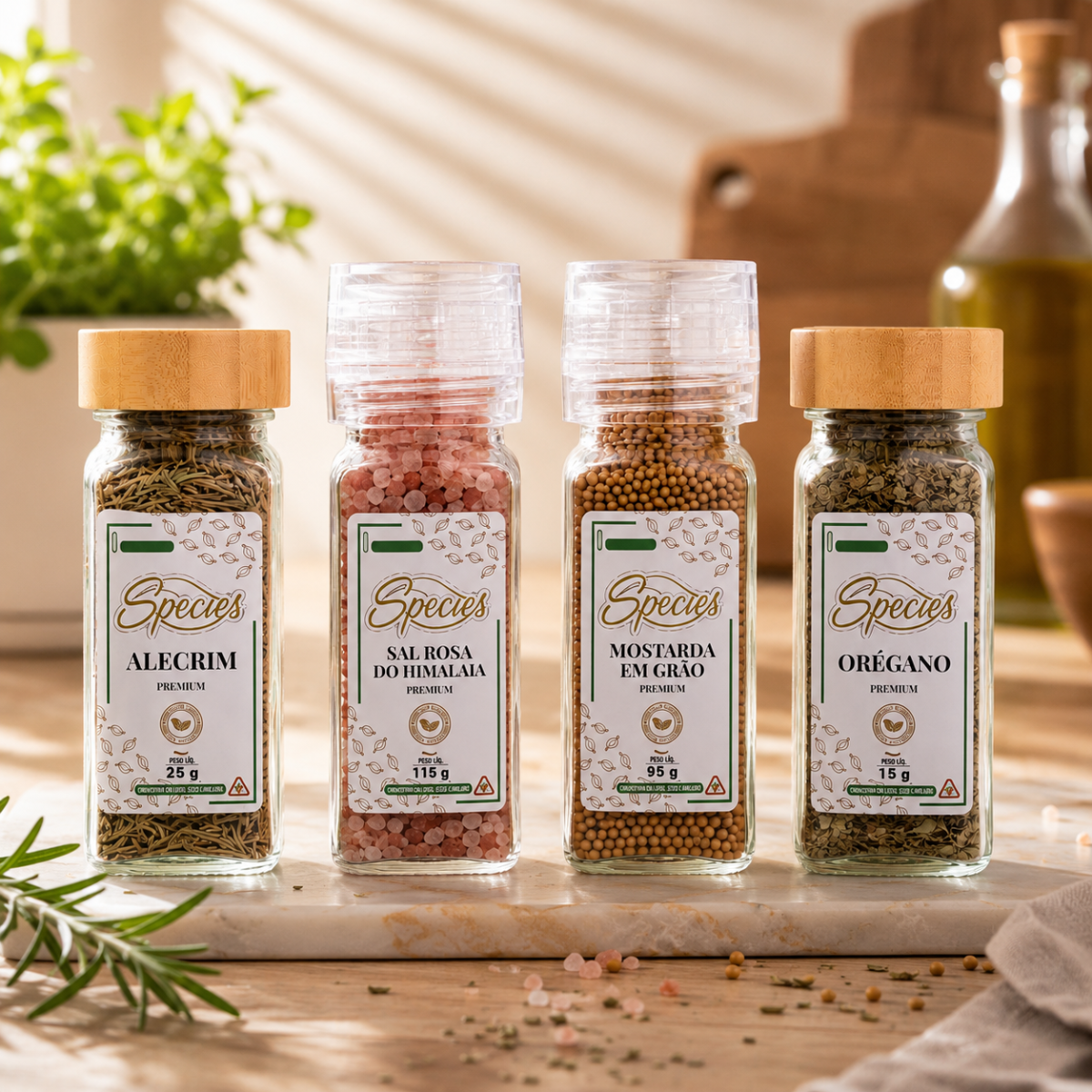 KIT ESPECIARIAS PREMIUM GOURMET SPECIES – ALECRIM, SAL ROSA DO HIMALAIA, MOSTARDA EM GRÃOS E ORÉGANO