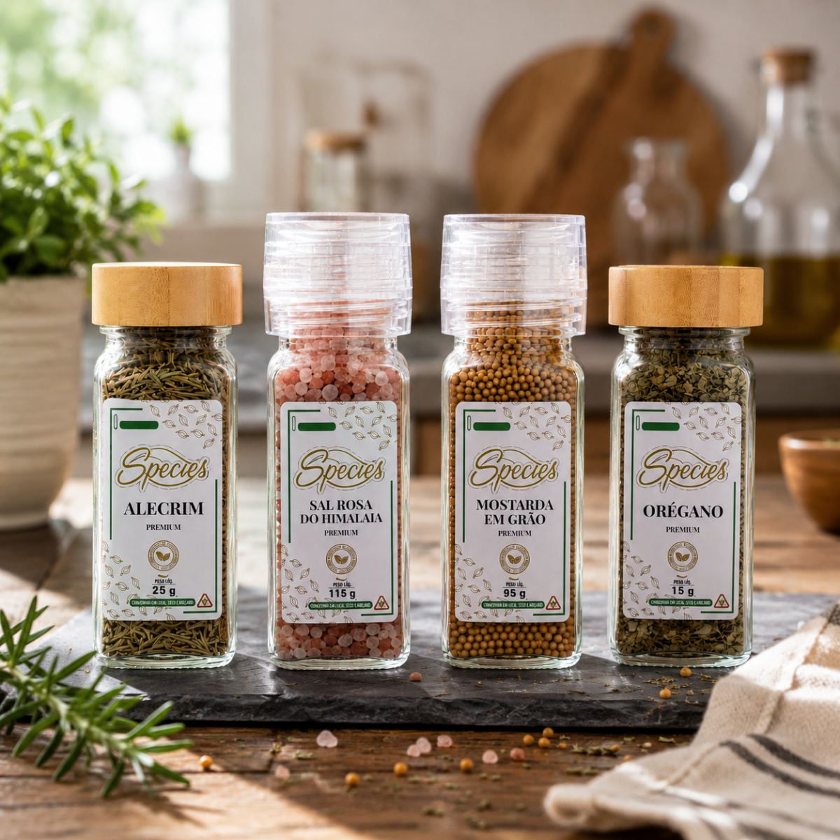 KIT ESPECIARIAS PREMIUM GOURMET SPECIES – ALECRIM, SAL ROSA DO HIMALAIA, MOSTARDA EM GRÃOS E ORÉGANO