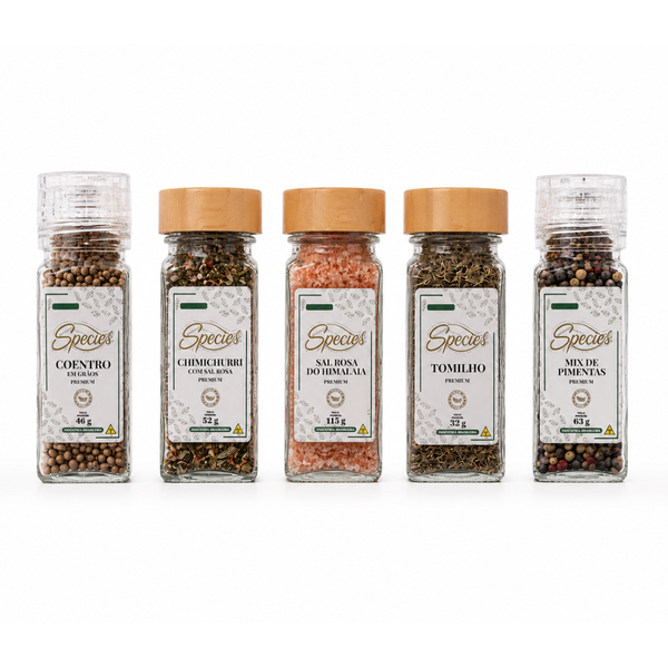 KIT ESPECIARIAS GOURMET PREMIUM SPECIES – COENTRO EM GRÃOS, CHIMICHURRI, SAL ROSA DO HIMALAIA, TOMILHO E MIX DE PIMENTAS