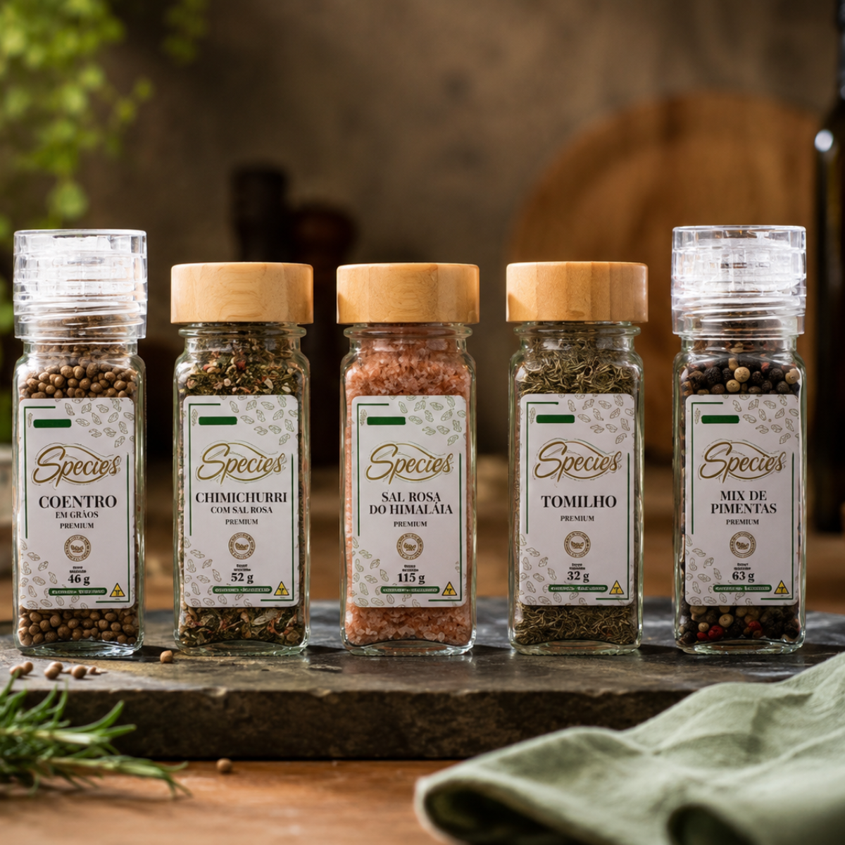 KIT ESPECIARIAS GOURMET PREMIUM SPECIES – COENTRO EM GRÃOS, CHIMICHURRI, SAL ROSA DO HIMALAIA, TOMILHO E MIX DE PIMENTAS